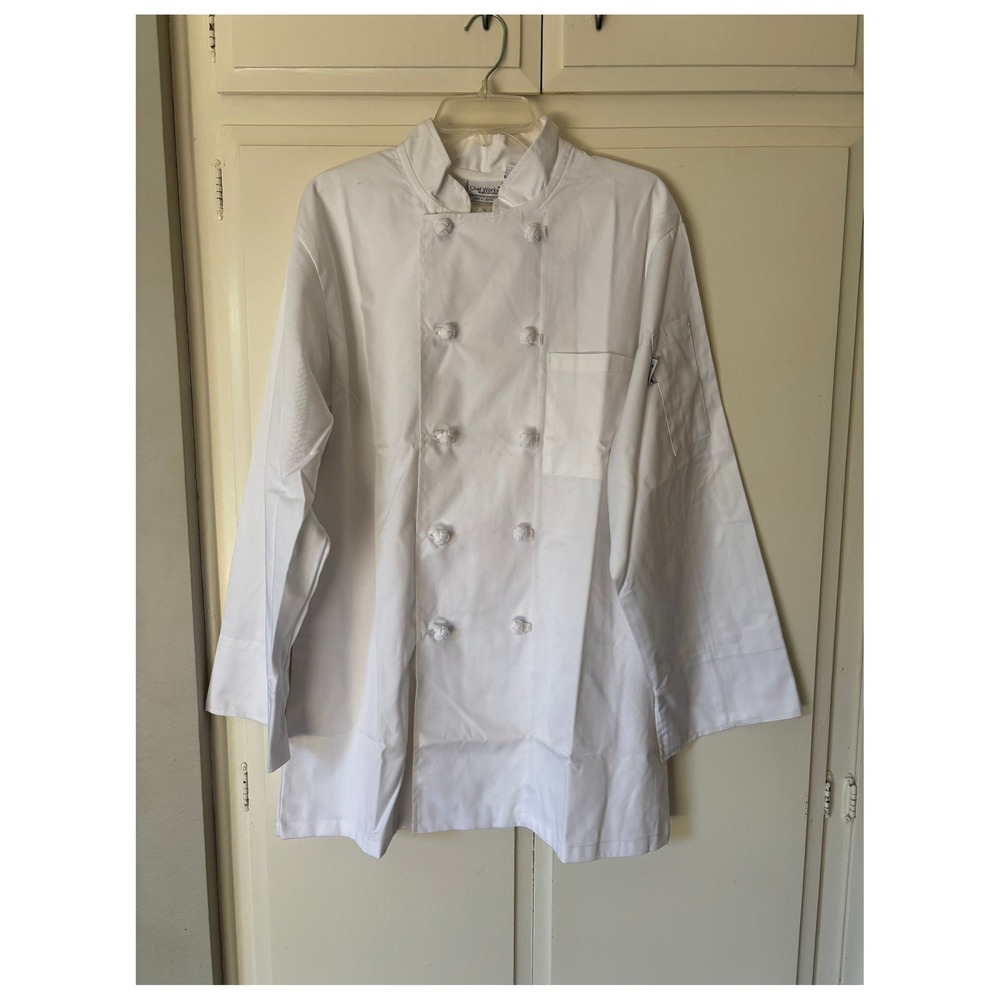 Chef Works White Double Breasted Chef Coat Jacket Knotted Buttons Mens Large NWT